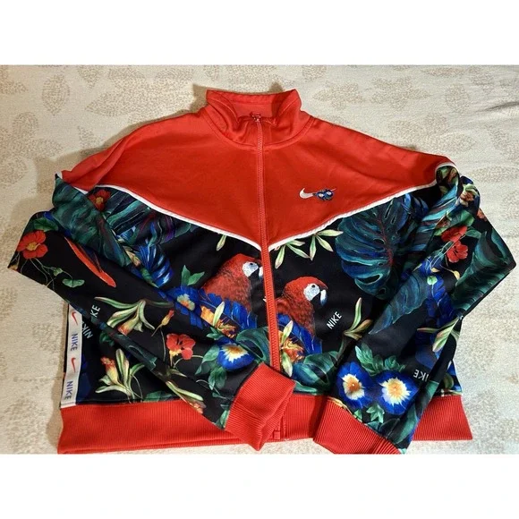 Nike Sportswear Jacket Womens Large Red Tropical Full Zip Lightweight Cropped - Picture 10 of 11